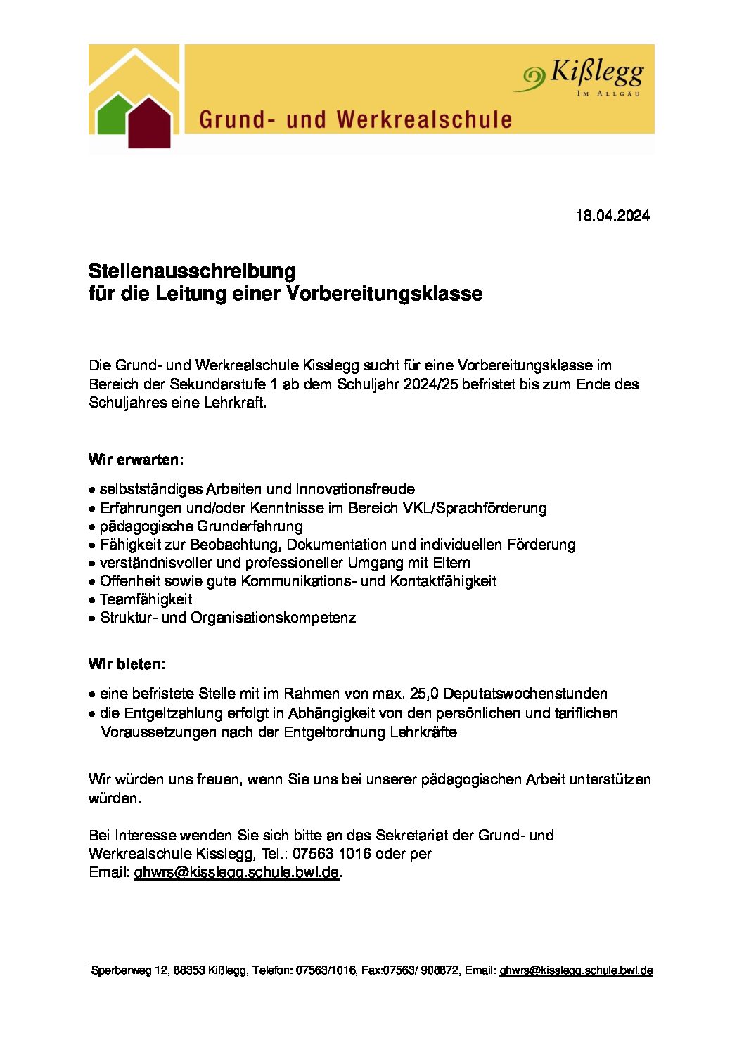 Stellenausschreibung für die Leitung einer Vorbereitungsklasse